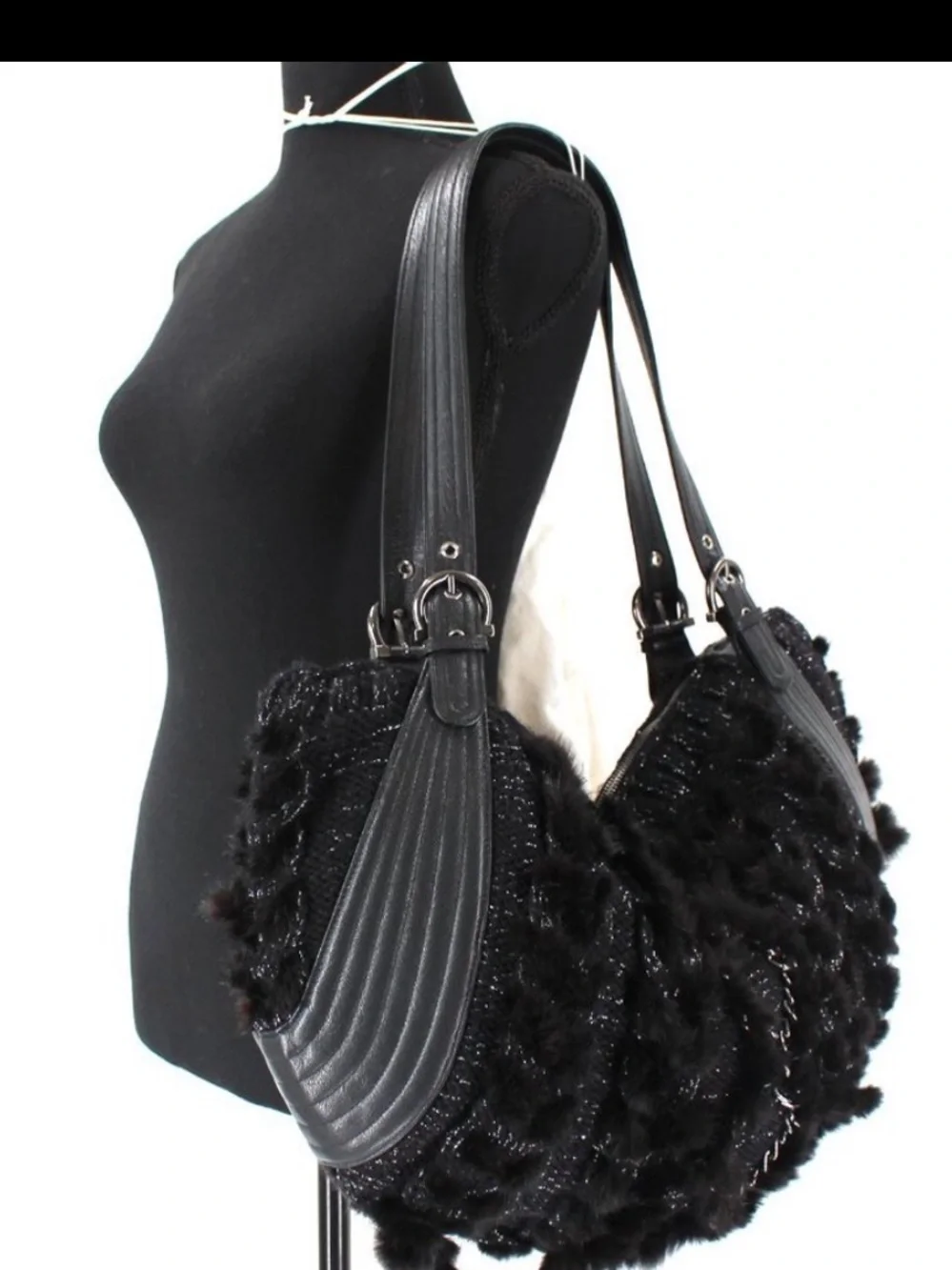 Salvatore Ferragamo Balena Mink Tote Bag Knit Leather Fur Shoulder Bag Hobo